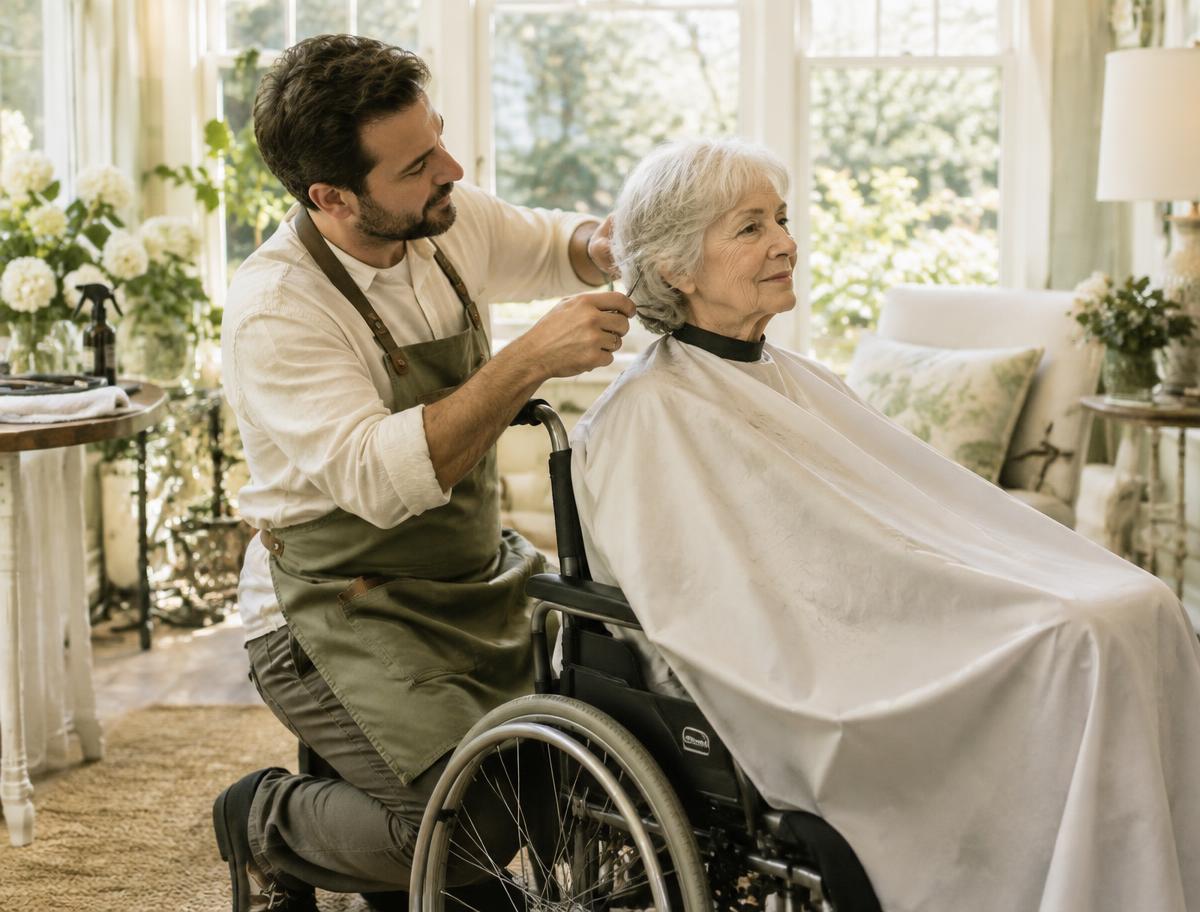 A barber kneeling to give a woman in a wheelchair a gentle haircut in a bright sunroom